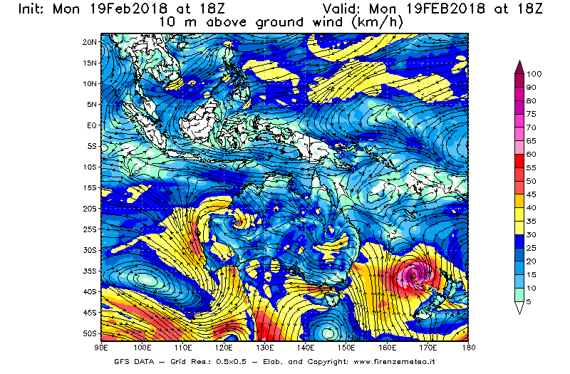 Mappa di analisi GFS - Velocità del vento a 10 metri dal suolo [km/h] in Oceania
							del 19/02/2018 18 <!--googleoff: index-->UTC<!--googleon: index-->