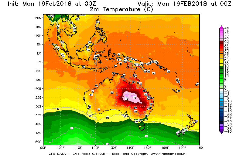 Mappa di analisi GFS - Temperatura a 2 metri dal suolo [°C] in Oceania
							del 19/02/2018 00 <!--googleoff: index-->UTC<!--googleon: index-->