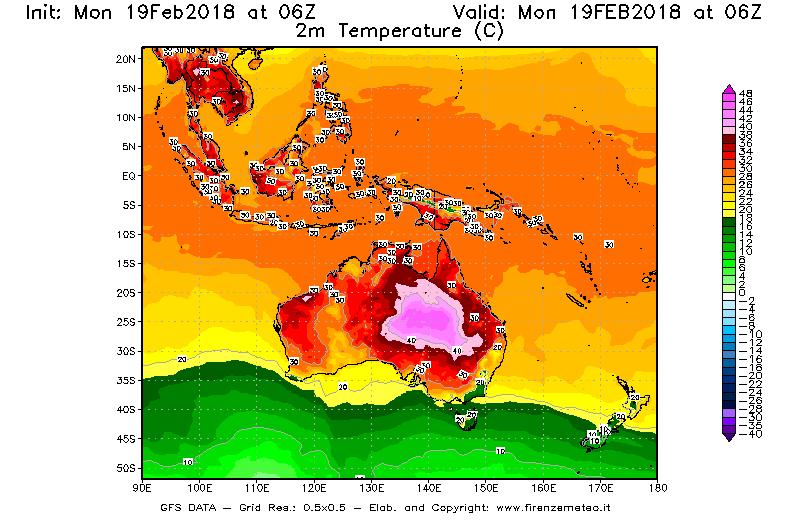 Mappa di analisi GFS - Temperatura a 2 metri dal suolo [°C] in Oceania
							del 19/02/2018 06 <!--googleoff: index-->UTC<!--googleon: index-->