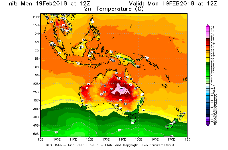 Mappa di analisi GFS - Temperatura a 2 metri dal suolo [°C] in Oceania
							del 19/02/2018 12 <!--googleoff: index-->UTC<!--googleon: index-->