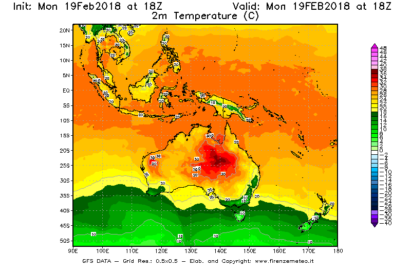 Mappa di analisi GFS - Temperatura a 2 metri dal suolo [°C] in Oceania
							del 19/02/2018 18 <!--googleoff: index-->UTC<!--googleon: index-->