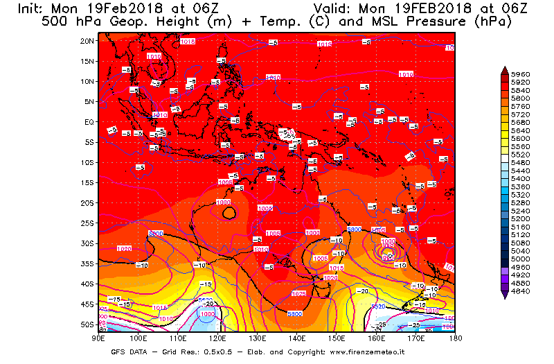 Mappa di analisi GFS - Geopotenziale [m] + Temp. [°C] a 500 hPa + Press. a livello del mare [hPa] in Oceania
							del 19/02/2018 06 <!--googleoff: index-->UTC<!--googleon: index-->