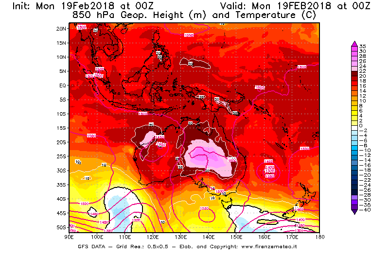 Mappa di analisi GFS - Geopotenziale [m] e Temperatura [°C] a 850 hPa in Oceania
							del 19/02/2018 00 <!--googleoff: index-->UTC<!--googleon: index-->