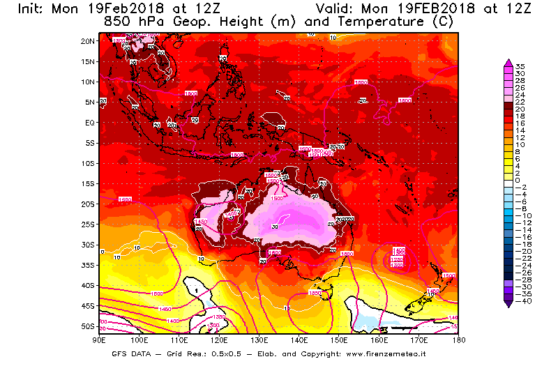 Mappa di analisi GFS - Geopotenziale [m] e Temperatura [°C] a 850 hPa in Oceania
							del 19/02/2018 12 <!--googleoff: index-->UTC<!--googleon: index-->