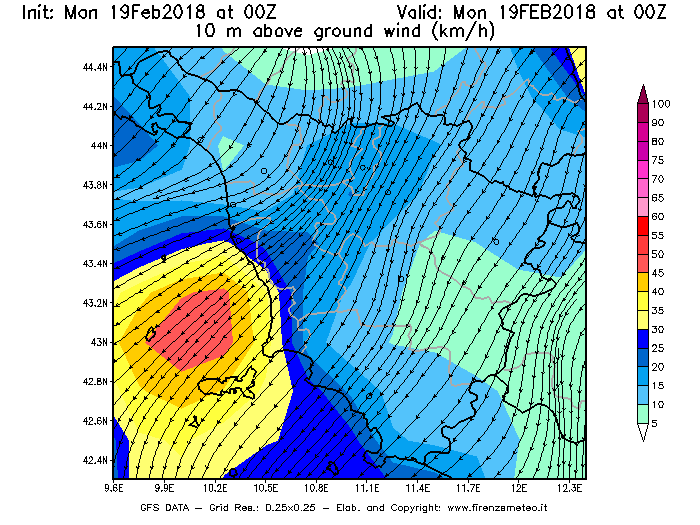 Mappa di analisi GFS - Velocità del vento a 10 metri dal suolo [km/h] in Toscana
							del 19/02/2018 00 <!--googleoff: index-->UTC<!--googleon: index-->