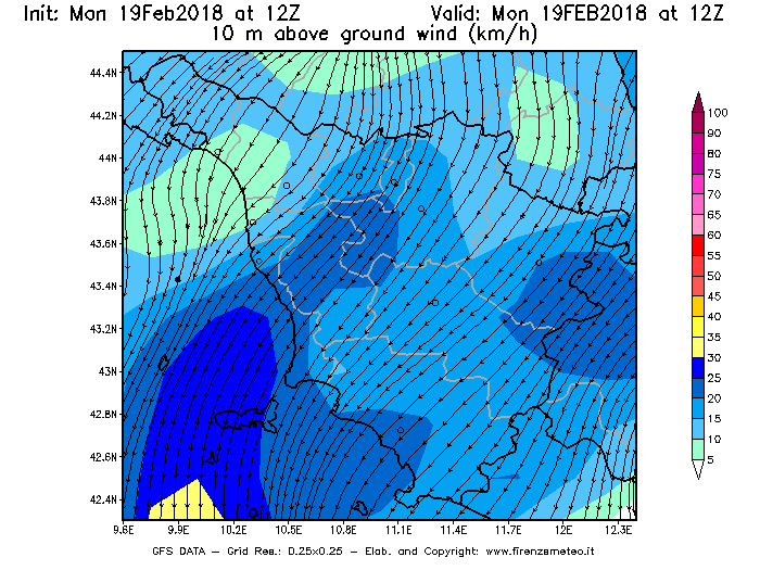 Mappa di analisi GFS - Velocità del vento a 10 metri dal suolo [km/h] in Toscana
							del 19/02/2018 12 <!--googleoff: index-->UTC<!--googleon: index-->