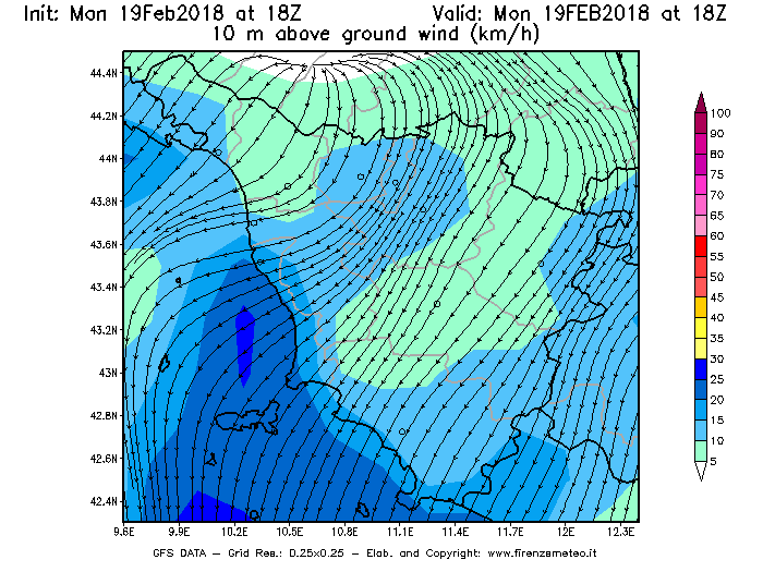 Mappa di analisi GFS - Velocità del vento a 10 metri dal suolo [km/h] in Toscana
							del 19/02/2018 18 <!--googleoff: index-->UTC<!--googleon: index-->