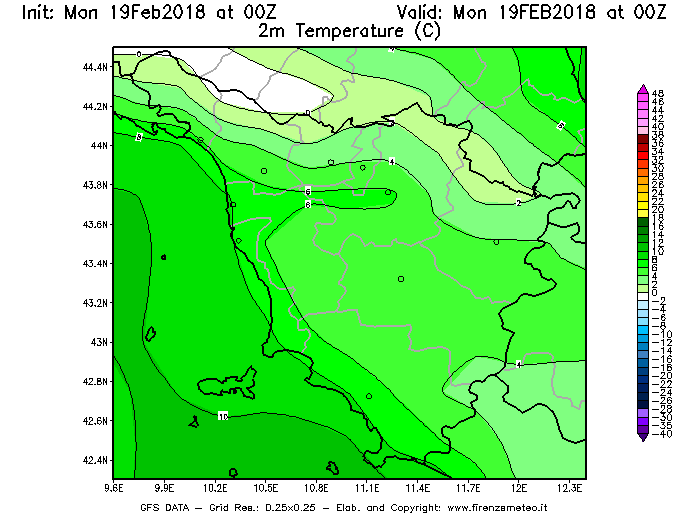 Mappa di analisi GFS - Temperatura a 2 metri dal suolo [°C] in Toscana
							del 19/02/2018 00 <!--googleoff: index-->UTC<!--googleon: index-->