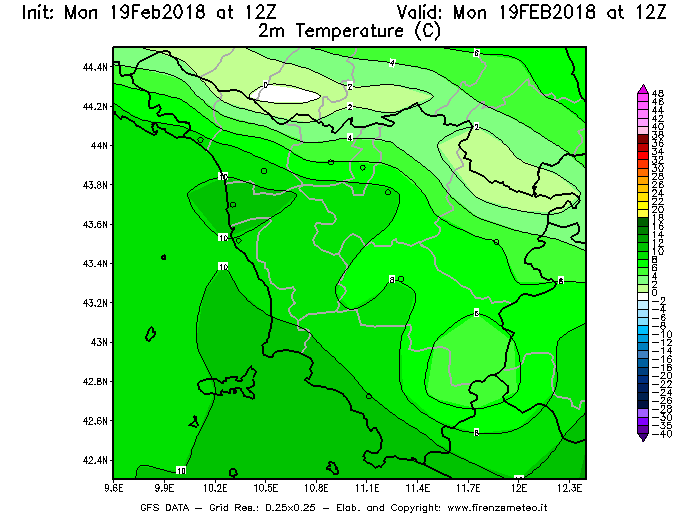 Mappa di analisi GFS - Temperatura a 2 metri dal suolo [°C] in Toscana
							del 19/02/2018 12 <!--googleoff: index-->UTC<!--googleon: index-->