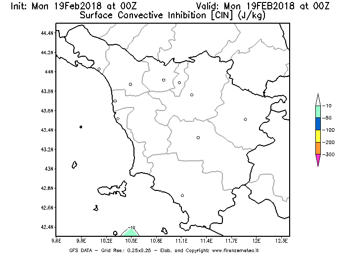 Mappa di analisi GFS - CIN [J/kg] in Toscana
							del 19/02/2018 00 <!--googleoff: index-->UTC<!--googleon: index-->