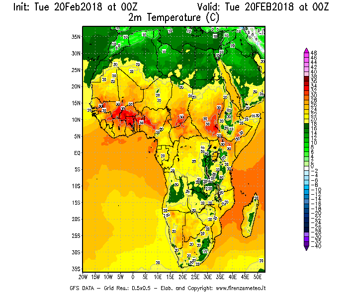 Mappa di analisi GFS - Temperatura a 2 metri dal suolo [°C] in Africa
									del 20/02/2018 00 <!--googleoff: index-->UTC<!--googleon: index-->