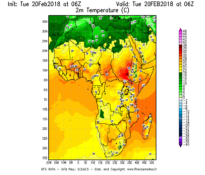 Mappa di analisi GFS - Temperatura a 2 metri dal suolo [°C] in Africa
									del 20/02/2018 06 <!--googleoff: index-->UTC<!--googleon: index-->