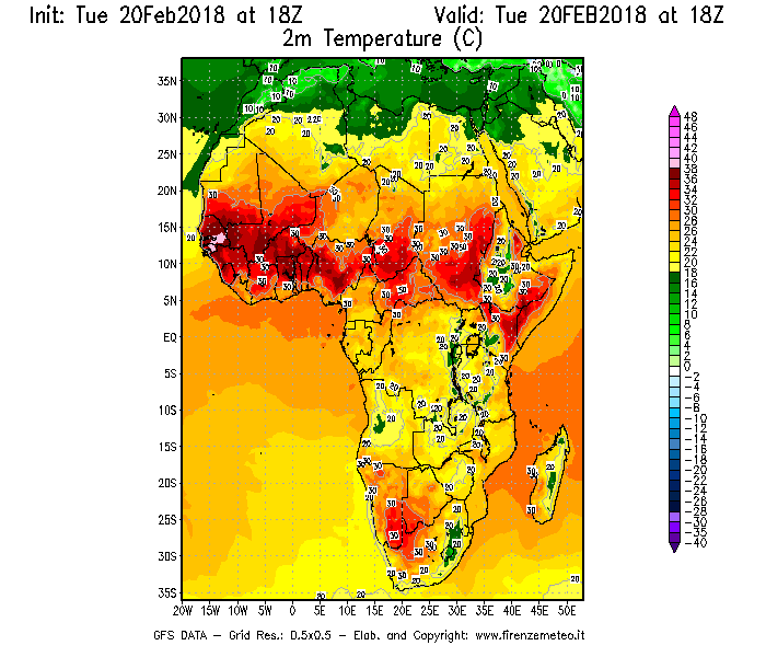 Mappa di analisi GFS - Temperatura a 2 metri dal suolo [°C] in Africa
									del 20/02/2018 18 <!--googleoff: index-->UTC<!--googleon: index-->