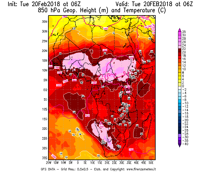 Mappa di analisi GFS - Geopotenziale [m] e Temperatura [°C] a 850 hPa in Africa
									del 20/02/2018 06 <!--googleoff: index-->UTC<!--googleon: index-->
