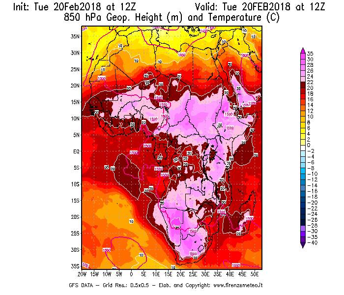 Mappa di analisi GFS - Geopotenziale [m] e Temperatura [°C] a 850 hPa in Africa
									del 20/02/2018 12 <!--googleoff: index-->UTC<!--googleon: index-->