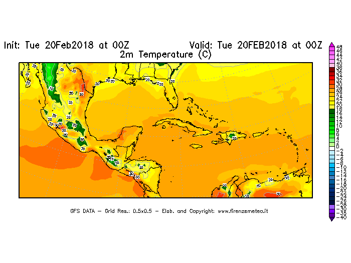 Mappa di analisi GFS - Temperatura a 2 metri dal suolo [°C] in Centro-America
									del 20/02/2018 00 <!--googleoff: index-->UTC<!--googleon: index-->