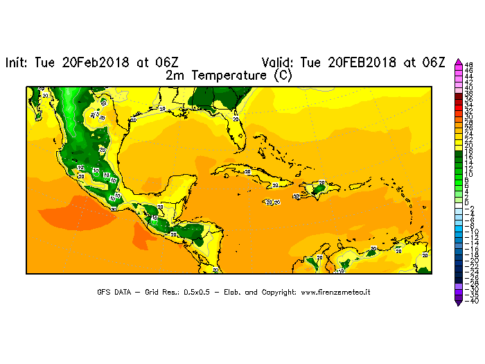 Mappa di analisi GFS - Temperatura a 2 metri dal suolo [°C] in Centro-America
									del 20/02/2018 06 <!--googleoff: index-->UTC<!--googleon: index-->