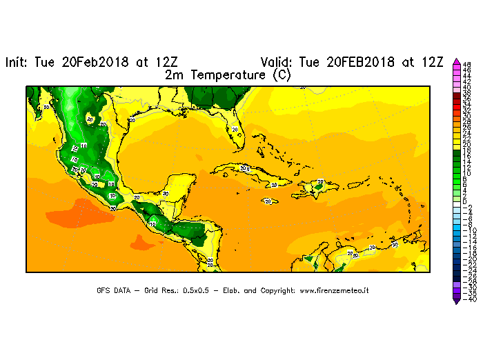 Mappa di analisi GFS - Temperatura a 2 metri dal suolo [°C] in Centro-America
									del 20/02/2018 12 <!--googleoff: index-->UTC<!--googleon: index-->