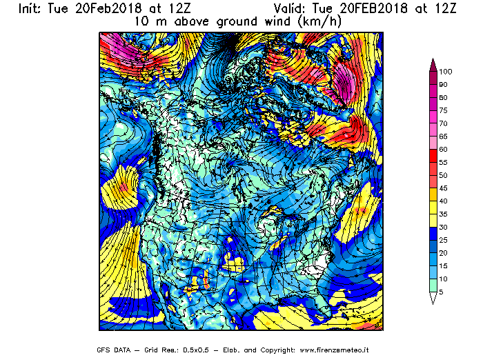 Mappa di analisi GFS - Velocità del vento a 10 metri dal suolo [km/h] in Nord-America
									del 20/02/2018 12 <!--googleoff: index-->UTC<!--googleon: index-->