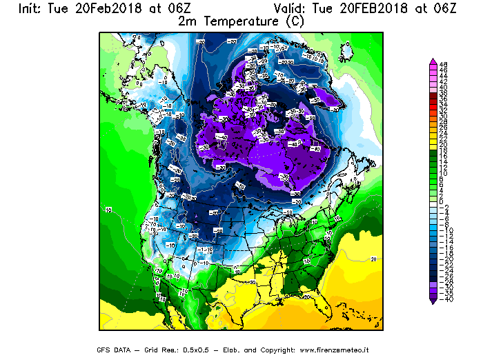 Mappa di analisi GFS - Temperatura a 2 metri dal suolo [°C] in Nord-America
									del 20/02/2018 06 <!--googleoff: index-->UTC<!--googleon: index-->