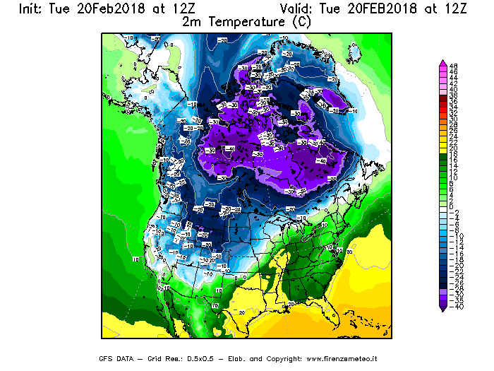 Mappa di analisi GFS - Temperatura a 2 metri dal suolo [°C] in Nord-America
									del 20/02/2018 12 <!--googleoff: index-->UTC<!--googleon: index-->