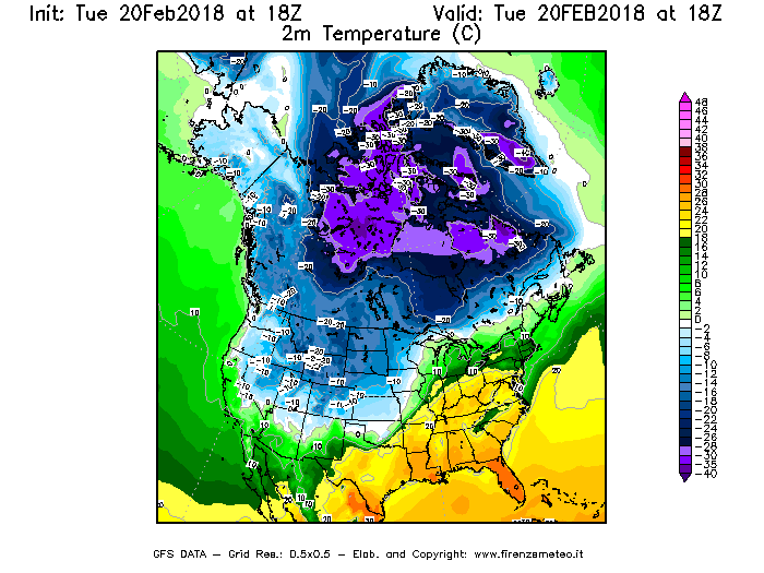 Mappa di analisi GFS - Temperatura a 2 metri dal suolo [°C] in Nord-America
									del 20/02/2018 18 <!--googleoff: index-->UTC<!--googleon: index-->