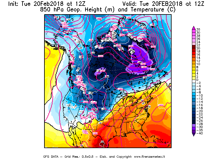 Mappa di analisi GFS - Geopotenziale [m] e Temperatura [°C] a 850 hPa in Nord-America
									del 20/02/2018 12 <!--googleoff: index-->UTC<!--googleon: index-->