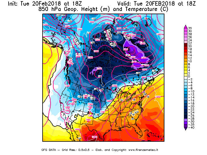 Mappa di analisi GFS - Geopotenziale [m] e Temperatura [°C] a 850 hPa in Nord-America
									del 20/02/2018 18 <!--googleoff: index-->UTC<!--googleon: index-->