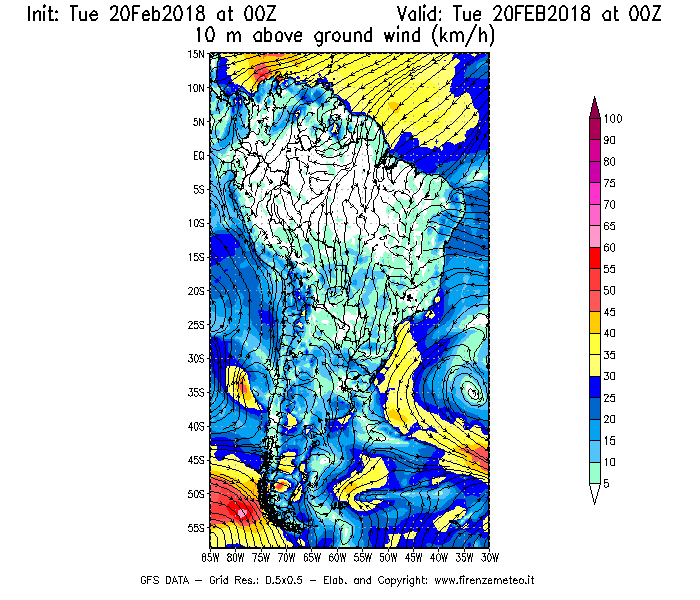 Mappa di analisi GFS - Velocità del vento a 10 metri dal suolo [km/h] in Sud-America
									del 20/02/2018 00 <!--googleoff: index-->UTC<!--googleon: index-->