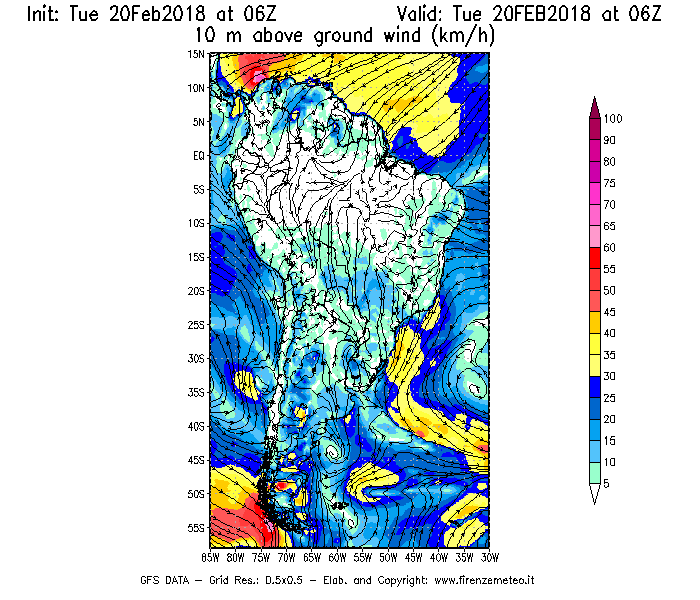 Mappa di analisi GFS - Velocità del vento a 10 metri dal suolo [km/h] in Sud-America
									del 20/02/2018 06 <!--googleoff: index-->UTC<!--googleon: index-->