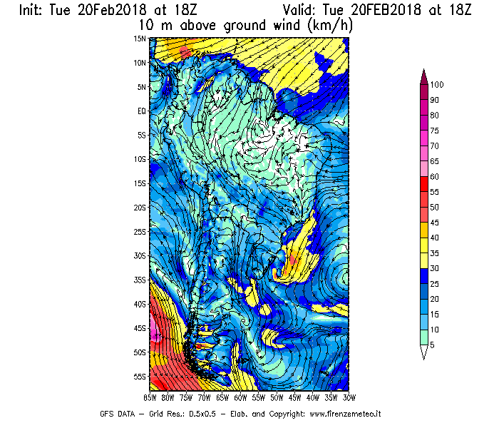 Mappa di analisi GFS - Velocità del vento a 10 metri dal suolo [km/h] in Sud-America
									del 20/02/2018 18 <!--googleoff: index-->UTC<!--googleon: index-->