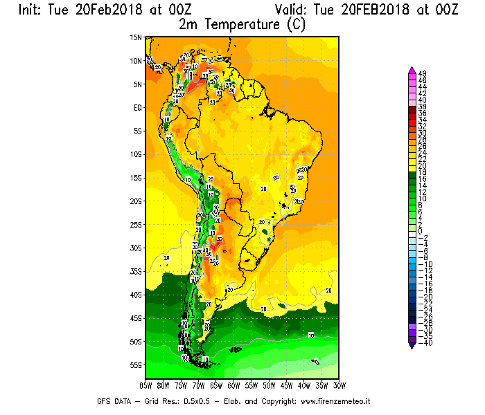 Mappa di analisi GFS - Temperatura a 2 metri dal suolo [°C] in Sud-America
									del 20/02/2018 00 <!--googleoff: index-->UTC<!--googleon: index-->