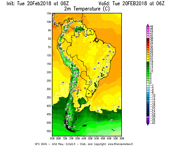 Mappa di analisi GFS - Temperatura a 2 metri dal suolo [°C] in Sud-America
									del 20/02/2018 06 <!--googleoff: index-->UTC<!--googleon: index-->