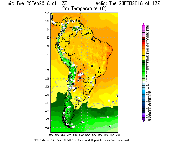Mappa di analisi GFS - Temperatura a 2 metri dal suolo [°C] in Sud-America
									del 20/02/2018 12 <!--googleoff: index-->UTC<!--googleon: index-->