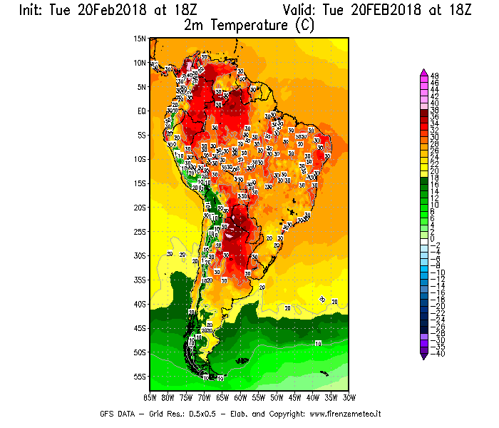 Mappa di analisi GFS - Temperatura a 2 metri dal suolo [°C] in Sud-America
									del 20/02/2018 18 <!--googleoff: index-->UTC<!--googleon: index-->