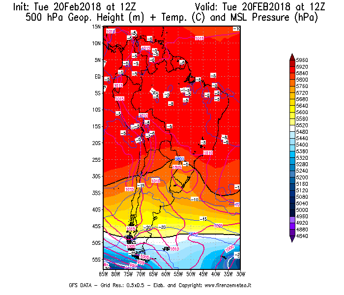 Mappa di analisi GFS - Geopotenziale [m] + Temp. [°C] a 500 hPa + Press. a livello del mare [hPa] in Sud-America
									del 20/02/2018 12 <!--googleoff: index-->UTC<!--googleon: index-->