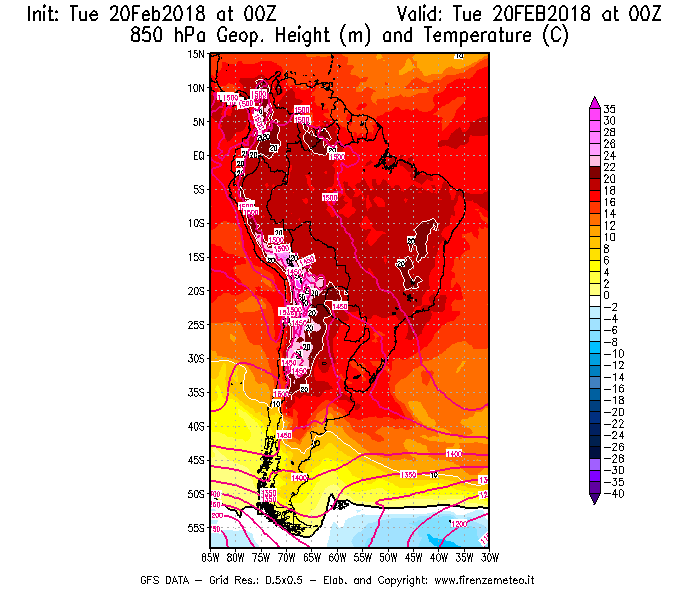 Mappa di analisi GFS - Geopotenziale [m] e Temperatura [°C] a 850 hPa in Sud-America
									del 20/02/2018 00 <!--googleoff: index-->UTC<!--googleon: index-->