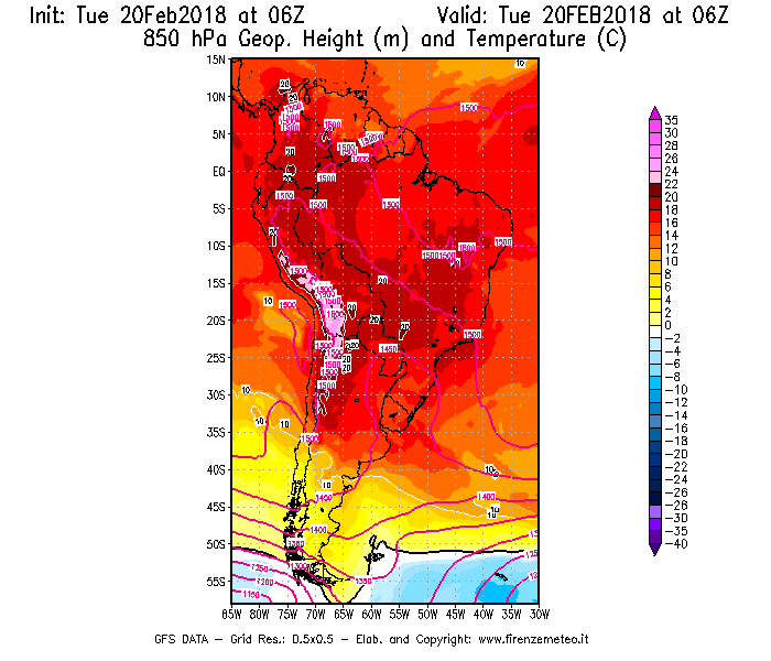 Mappa di analisi GFS - Geopotenziale [m] e Temperatura [°C] a 850 hPa in Sud-America
									del 20/02/2018 06 <!--googleoff: index-->UTC<!--googleon: index-->