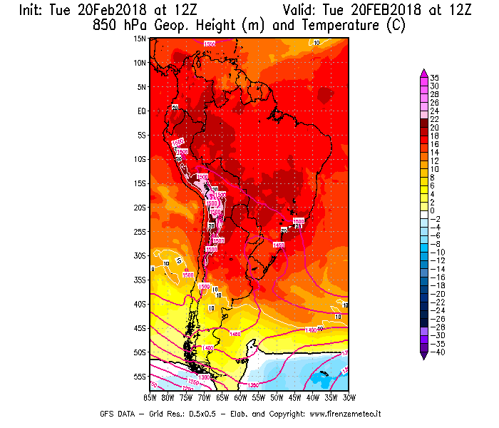 Mappa di analisi GFS - Geopotenziale [m] e Temperatura [°C] a 850 hPa in Sud-America
									del 20/02/2018 12 <!--googleoff: index-->UTC<!--googleon: index-->