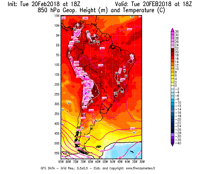 Mappa di analisi GFS - Geopotenziale [m] e Temperatura [°C] a 850 hPa in Sud-America
									del 20/02/2018 18 <!--googleoff: index-->UTC<!--googleon: index-->