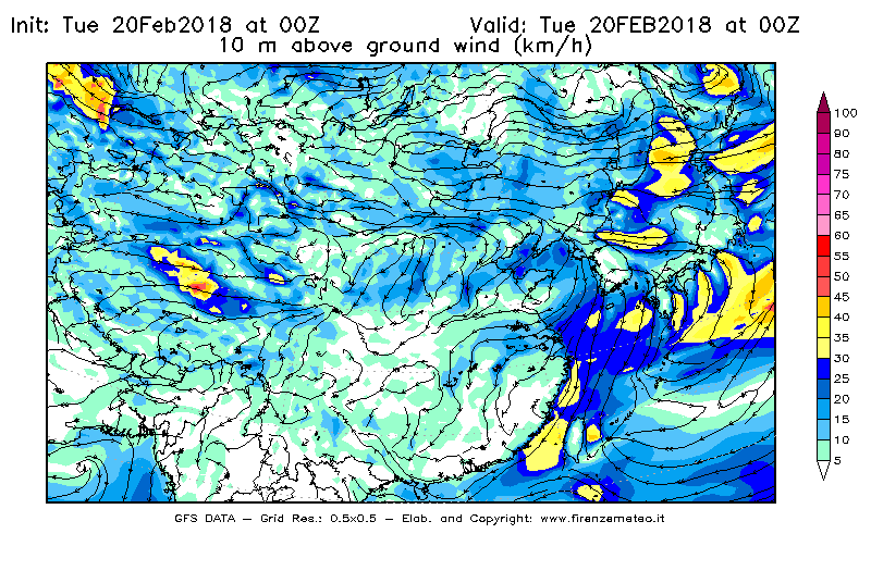 Mappa di analisi GFS - Velocità del vento a 10 metri dal suolo [km/h] in Asia Orientale
									del 20/02/2018 00 <!--googleoff: index-->UTC<!--googleon: index-->