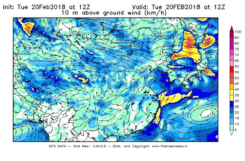 Mappa di analisi GFS - Velocità del vento a 10 metri dal suolo [km/h] in Asia Orientale
									del 20/02/2018 12 <!--googleoff: index-->UTC<!--googleon: index-->