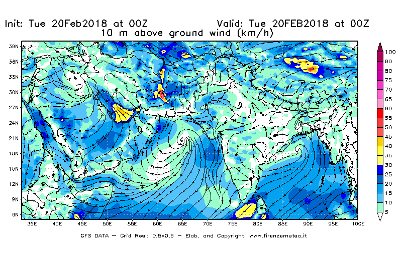 Mappa di analisi GFS - Velocità del vento a 10 metri dal suolo [km/h] in Asia Sud-Occidentale
									del 20/02/2018 00 <!--googleoff: index-->UTC<!--googleon: index-->