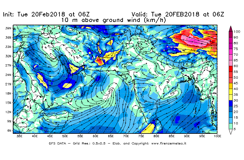 Mappa di analisi GFS - Velocità del vento a 10 metri dal suolo [km/h] in Asia Sud-Occidentale
									del 20/02/2018 06 <!--googleoff: index-->UTC<!--googleon: index-->