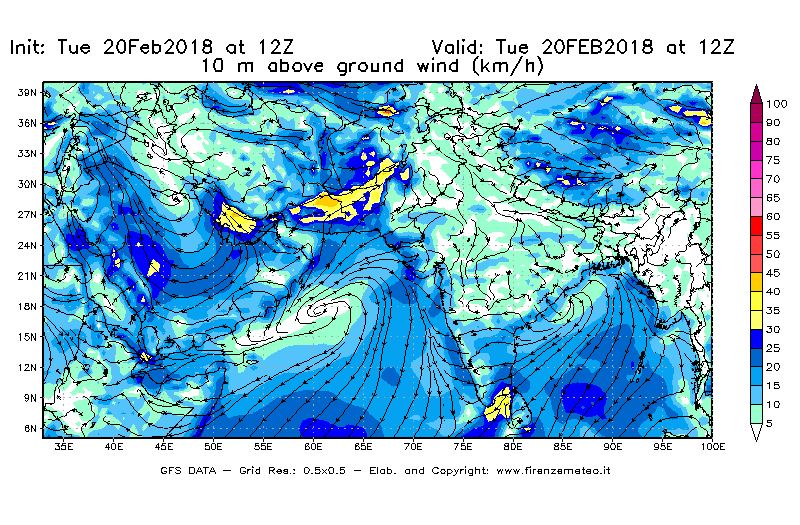 Mappa di analisi GFS - Velocità del vento a 10 metri dal suolo [km/h] in Asia Sud-Occidentale
									del 20/02/2018 12 <!--googleoff: index-->UTC<!--googleon: index-->