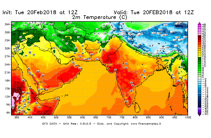 Mappa di analisi GFS - Temperatura a 2 metri dal suolo [°C] in Asia Sud-Occidentale
									del 20/02/2018 12 <!--googleoff: index-->UTC<!--googleon: index-->
