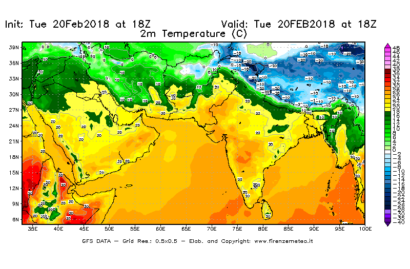 Mappa di analisi GFS - Temperatura a 2 metri dal suolo [°C] in Asia Sud-Occidentale
									del 20/02/2018 18 <!--googleoff: index-->UTC<!--googleon: index-->