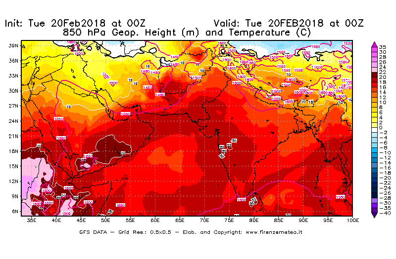Mappa di analisi GFS - Geopotenziale [m] e Temperatura [°C] a 850 hPa in Asia Sud-Occidentale
									del 20/02/2018 00 <!--googleoff: index-->UTC<!--googleon: index-->
