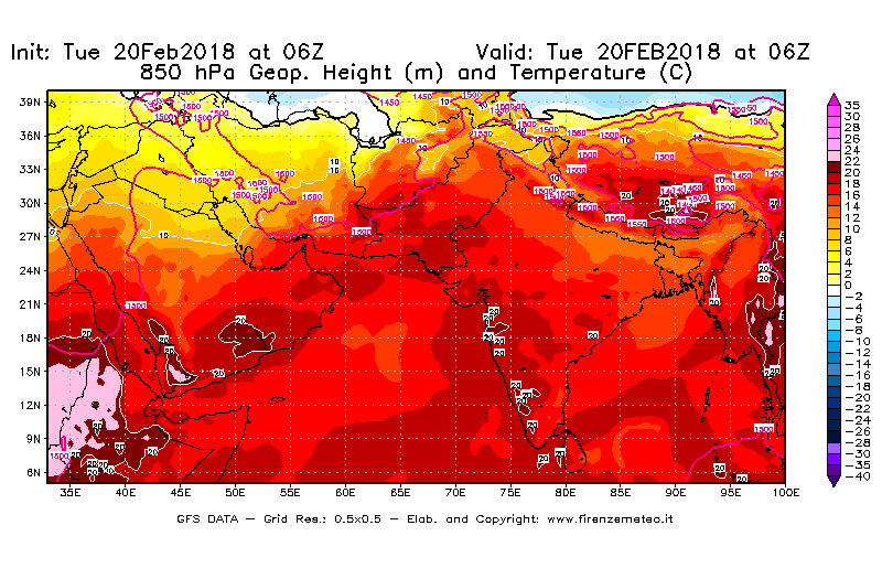 Mappa di analisi GFS - Geopotenziale [m] e Temperatura [°C] a 850 hPa in Asia Sud-Occidentale
									del 20/02/2018 06 <!--googleoff: index-->UTC<!--googleon: index-->
