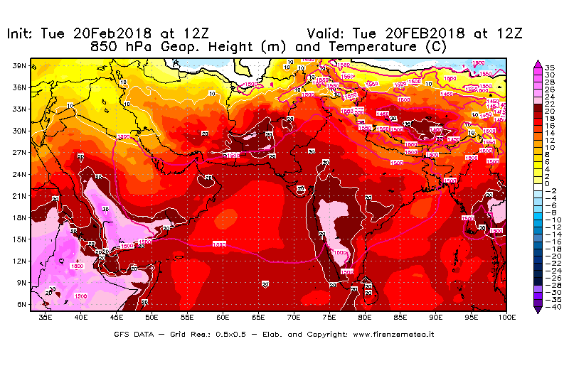 Mappa di analisi GFS - Geopotenziale [m] e Temperatura [°C] a 850 hPa in Asia Sud-Occidentale
									del 20/02/2018 12 <!--googleoff: index-->UTC<!--googleon: index-->